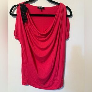 Express Womens Blouse M Top Cowl Neck Pink Black Shoulder Detail 100% Rayon